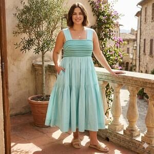 Anthropologie Helena Square Neck Light Aqua Smocked Tiered Midi Dress Size 3X